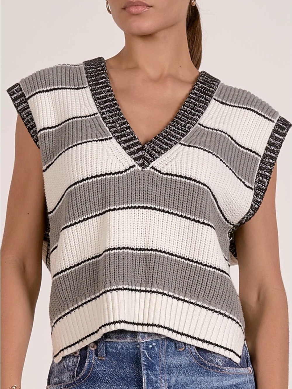 Elan Striped V-Neck Sweater Vest in White, Gray & Black Trim